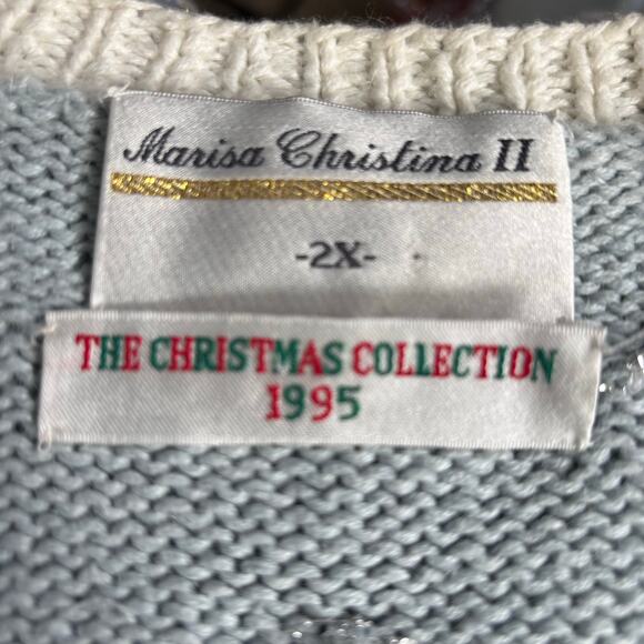 Vintage 90s Marisa Christina Christmas Pastel Blue Knit Cardigan Sweater Plus 2X - Picture 15 of 16